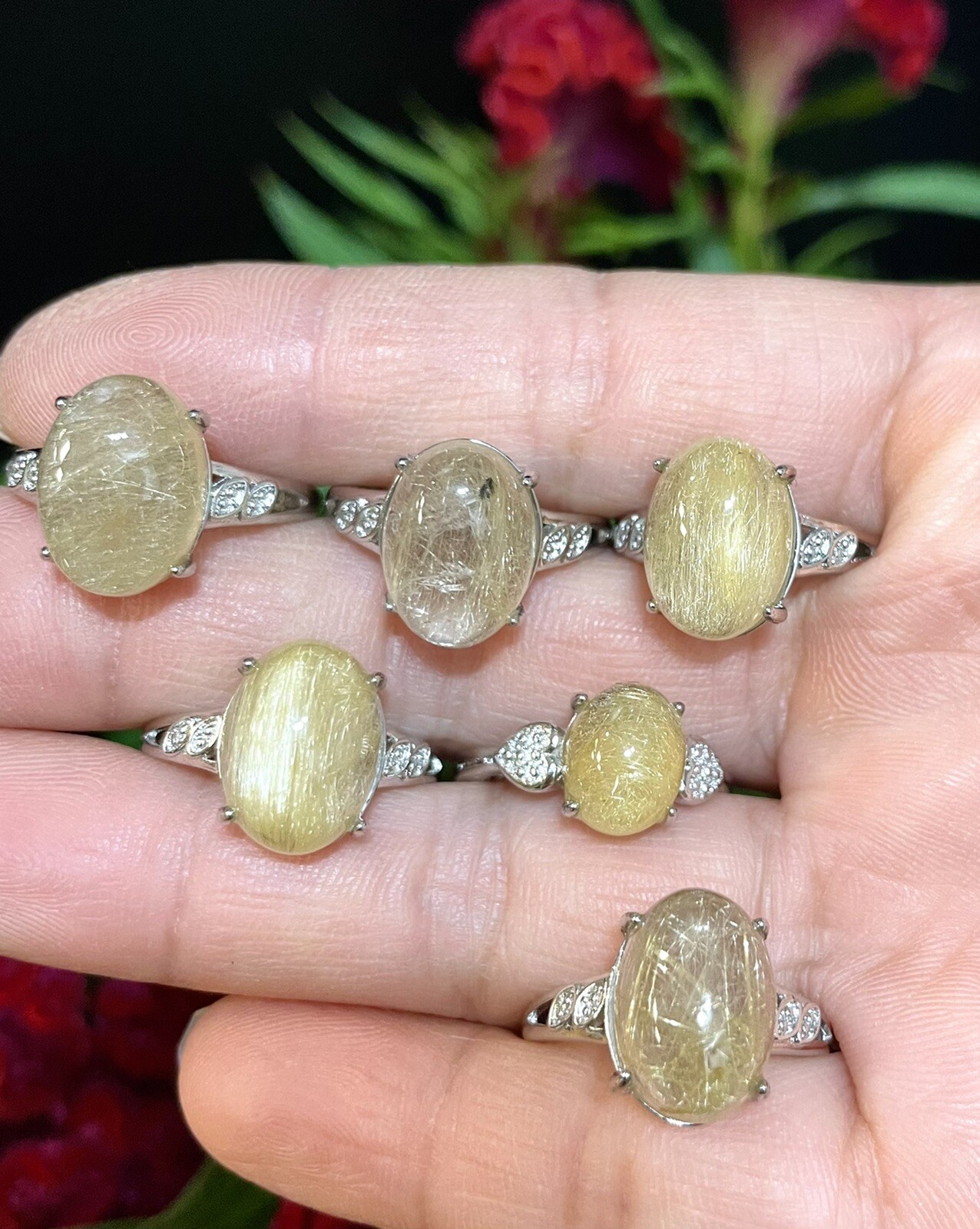 Wholesale Lot 6 Pcs Natural Gold Rutilated Quartz White Bronze Rings Crystal