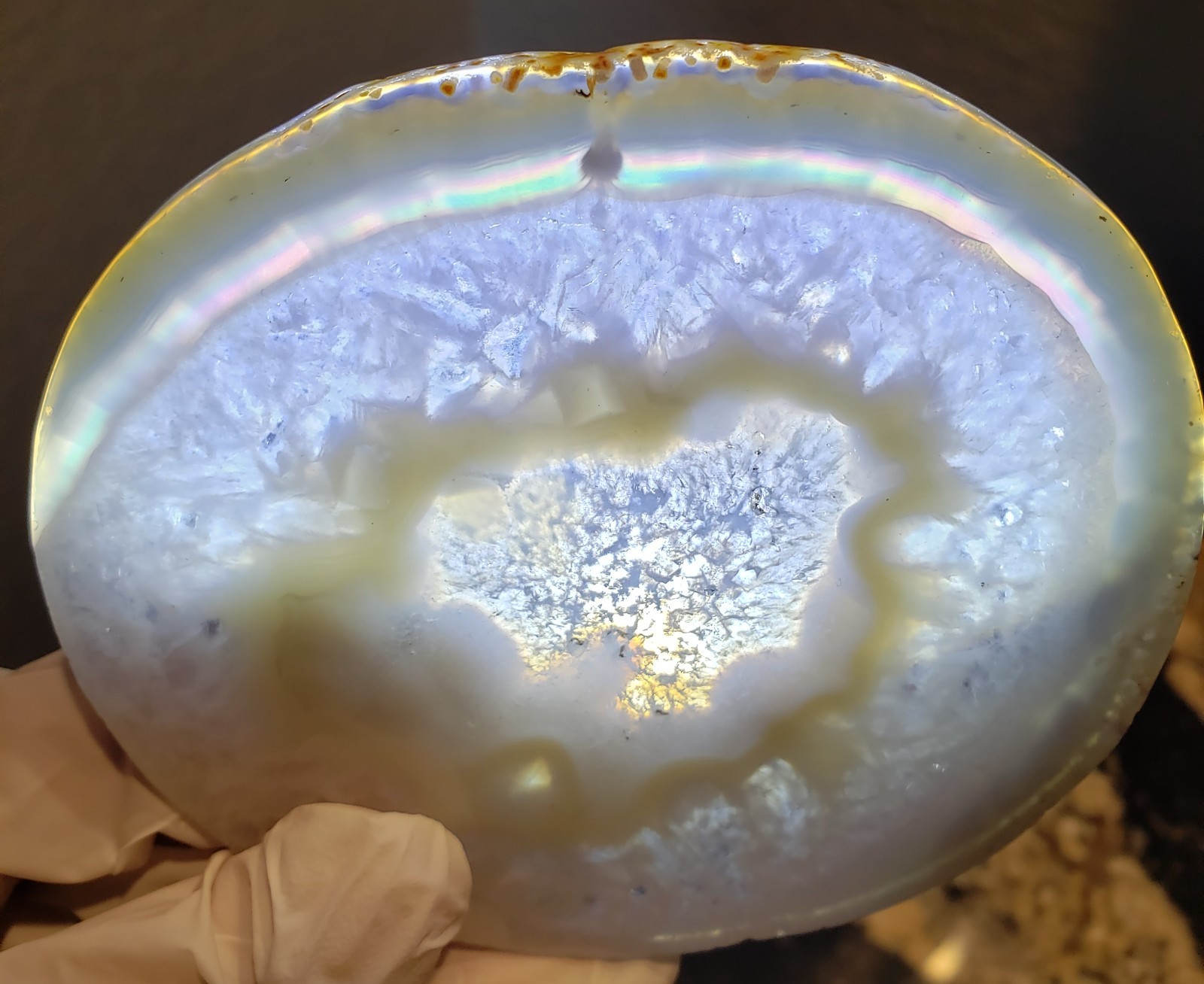 3.75″ Beautiful Rainbow Iris Agate Slab Slice Plate UV, 101g or 3.6 oz