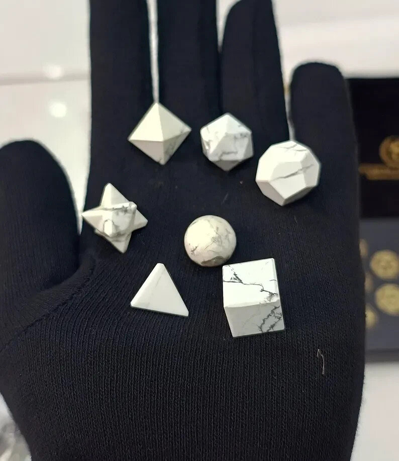 7pc White Howlite Platonic Solids Set Sacred Geometry Reiki Healing Crystal Grid