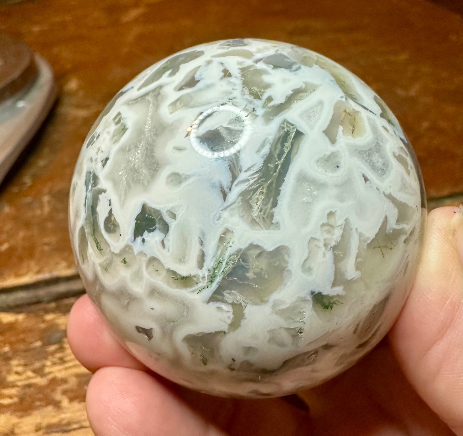 Light green moss agate crystal sphere with druzy metal stand Free shipping