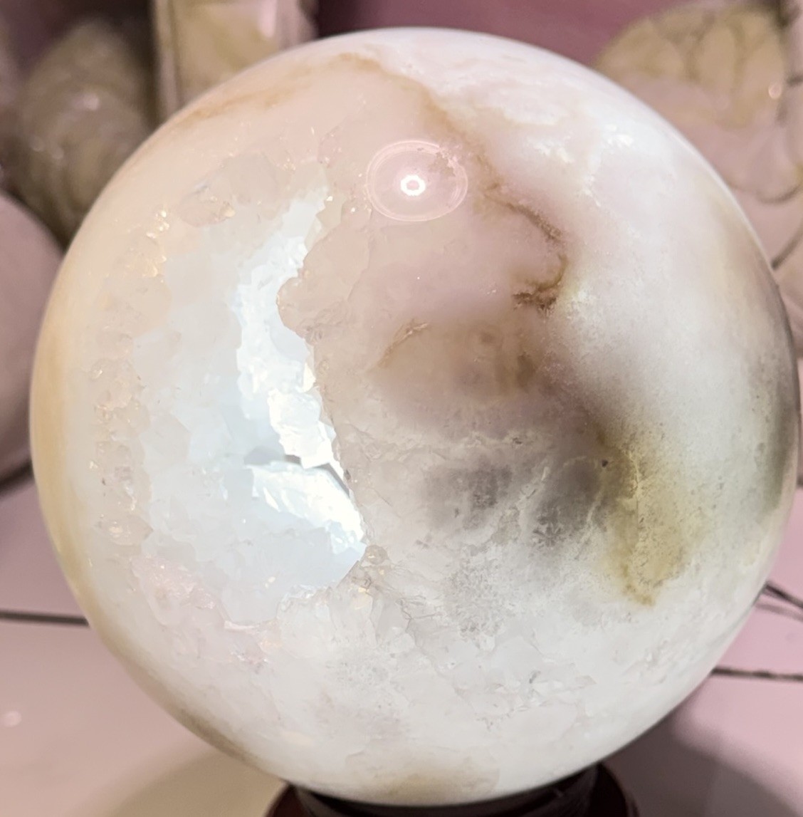 White Crystal Geode Sphere Mineral Display Specimen with Druzy Cavity on Stand