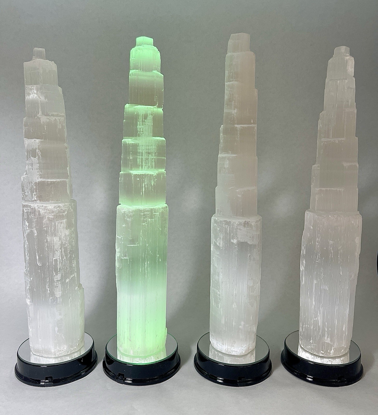 12” Display Crystals Of Satin Spar Tower W/ 6 Color LED Light Stands Included!