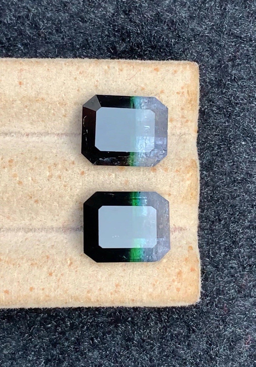 10.5ct natural silver green & black tri colors faceted tourmaline pair11.mm