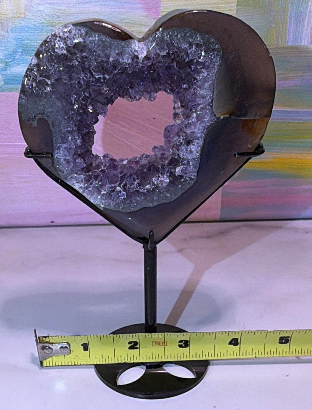 Heart-Shaped Purple Crystal Geode Slice Decor on Black Metal Stand, 6 in Tall