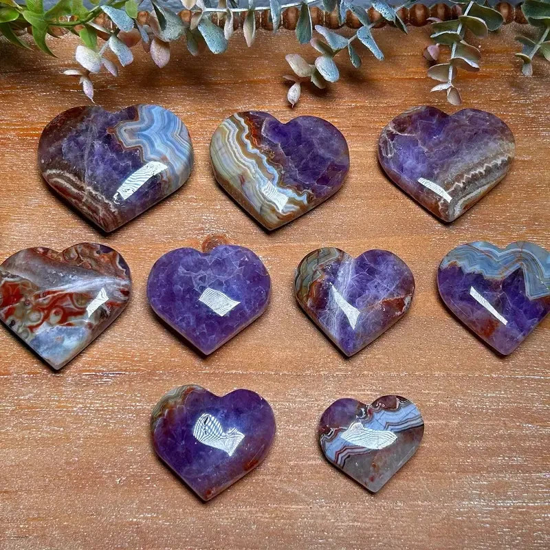 Mexican Amethyst Crazy Lace Agate Heart Palm Stone Healing Crysatl Decor Gifts