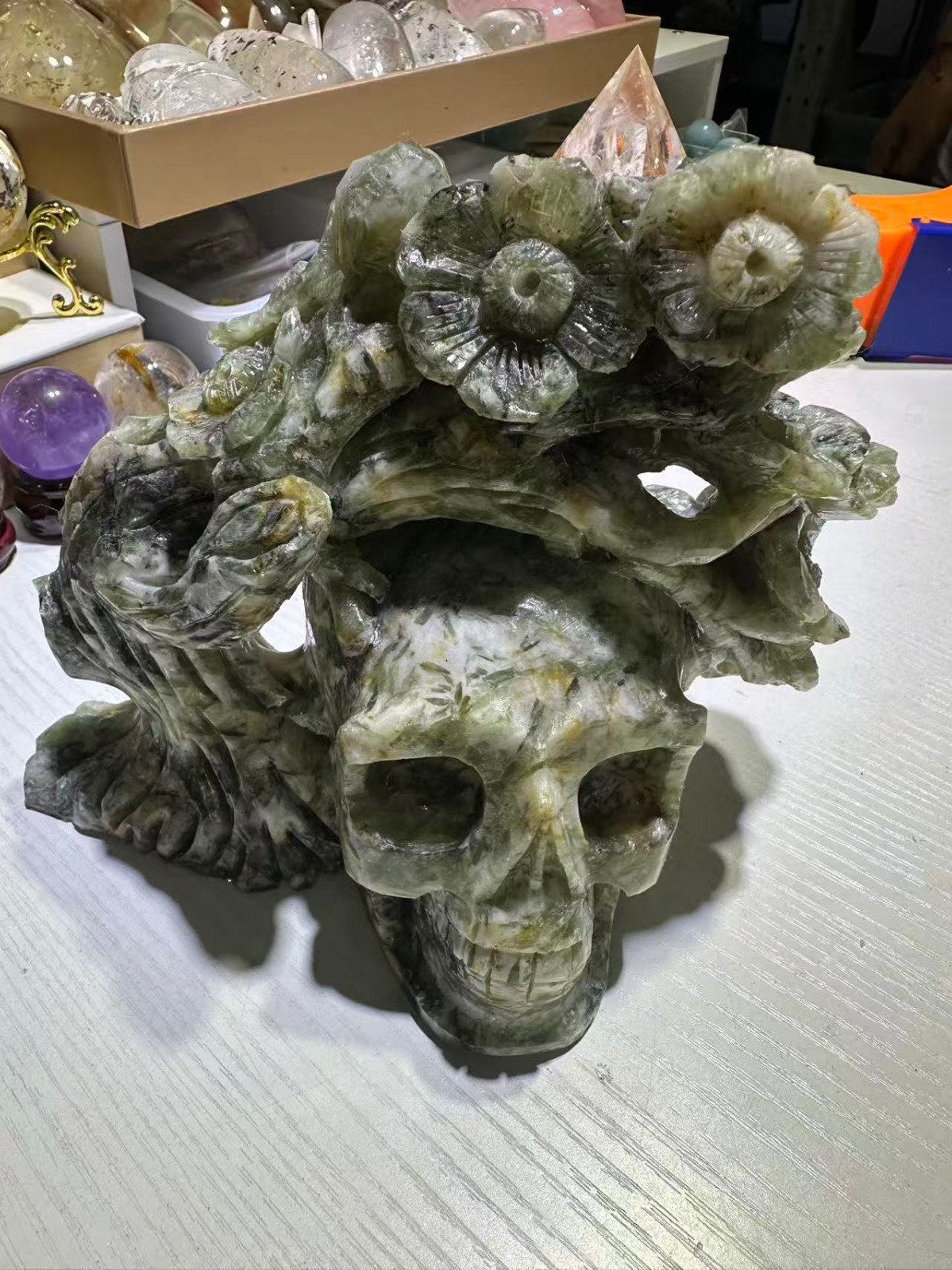 5.11LB Natural Jade Quartz Carved Crystal Flower Skull Reiki Healing Decor