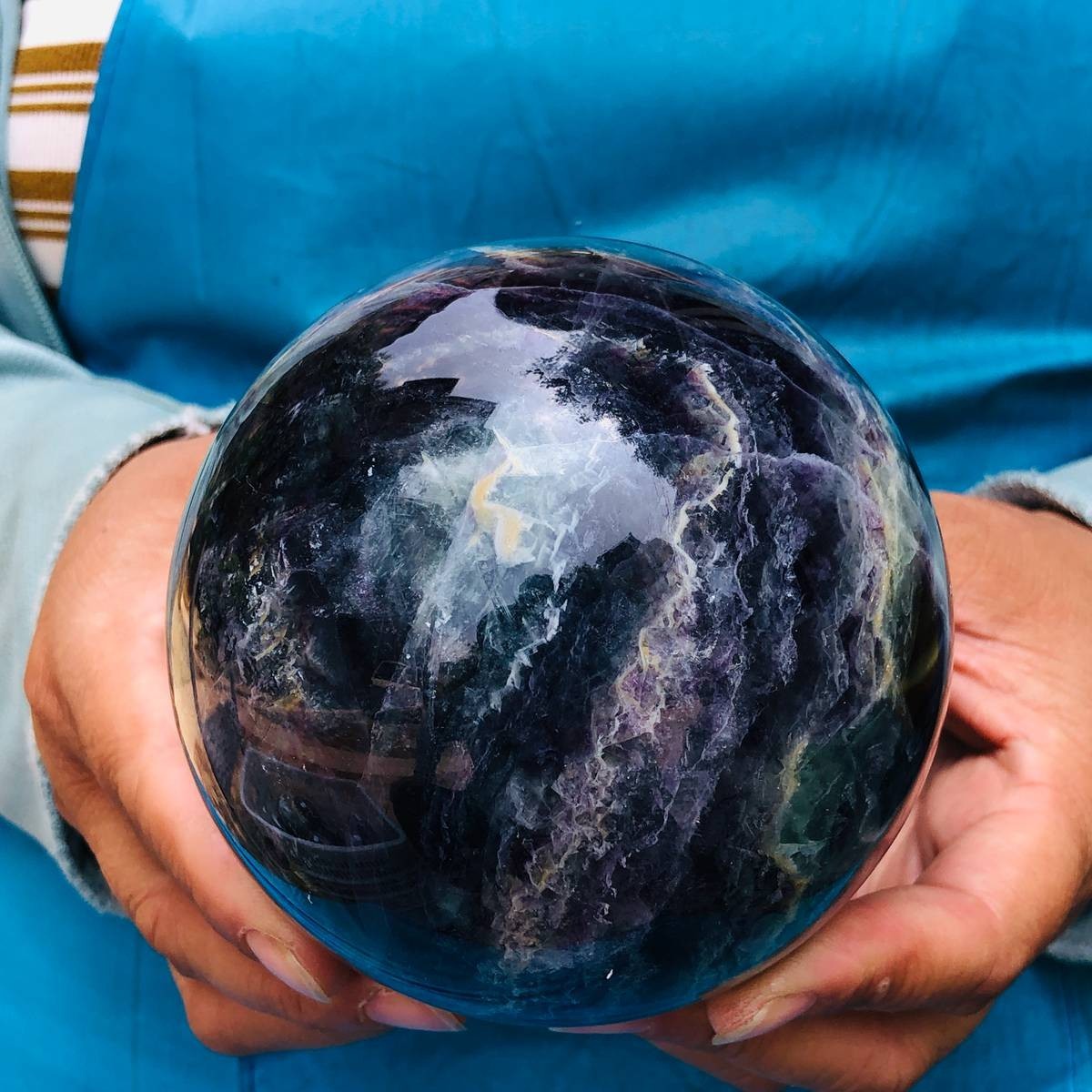 3.74LB Natural Crystal Rainbow Fluorite Sphere Display Ball Reiki Healing