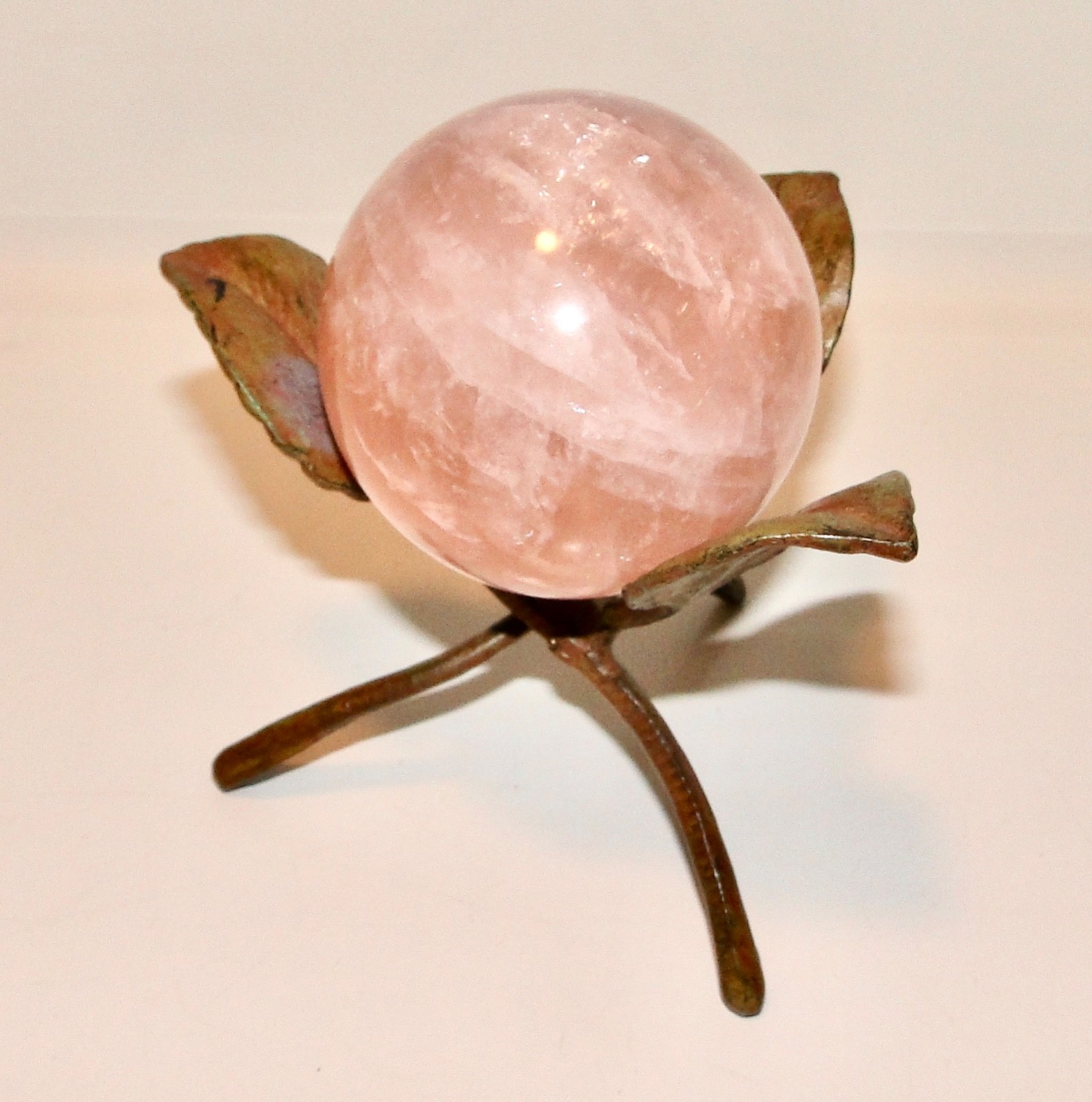 Pink ROSE QUARTZ ORB Ball Sphere + Brown Metal TWIG STAND 4 3/4″ Tall