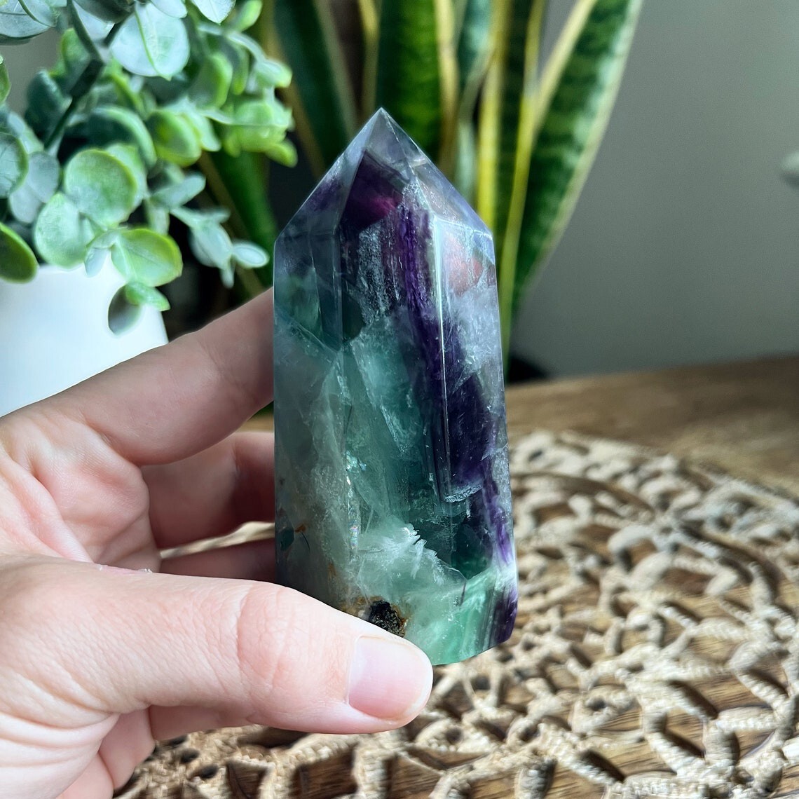 Natural Rainbow Fluorite Tower Obelisk Healing Crystal Wand Home Decoration