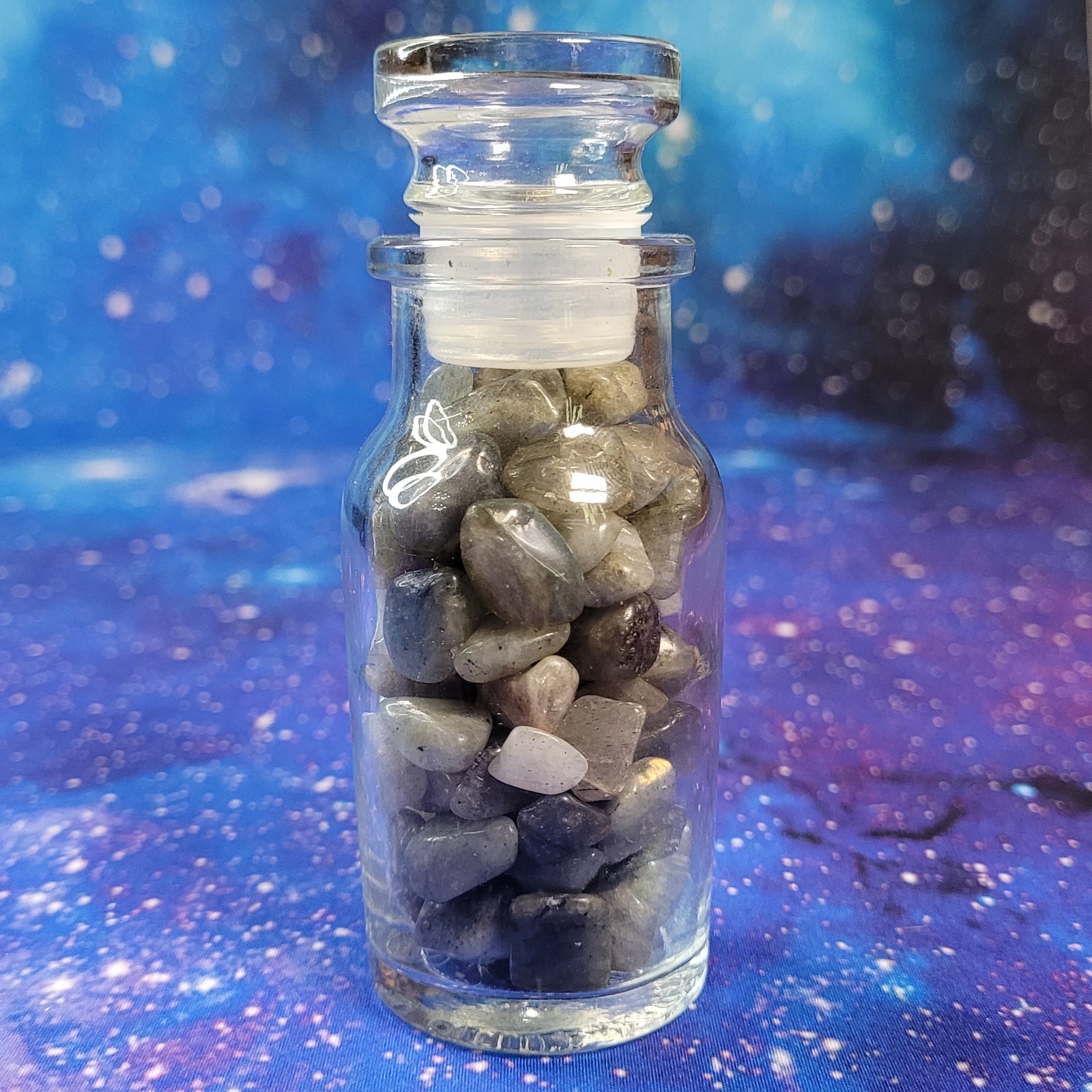 1/4 lb Labradorite Crystal Tumbles in Vintage Apothecary 4oz Glass Jar Witchy