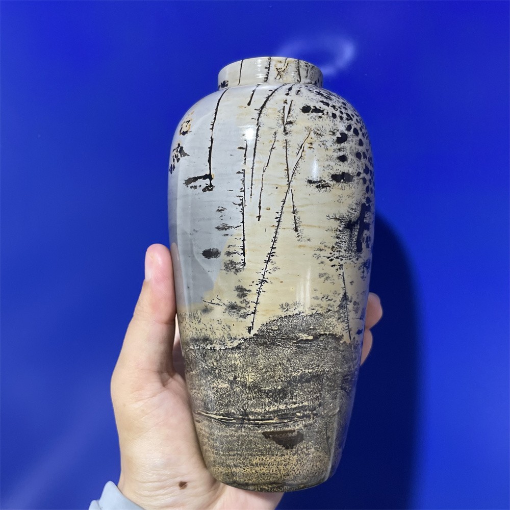 3.3LB 6.1″ Natural Picture Jasper Vase Ornament Quartz Crystal Carving Decor