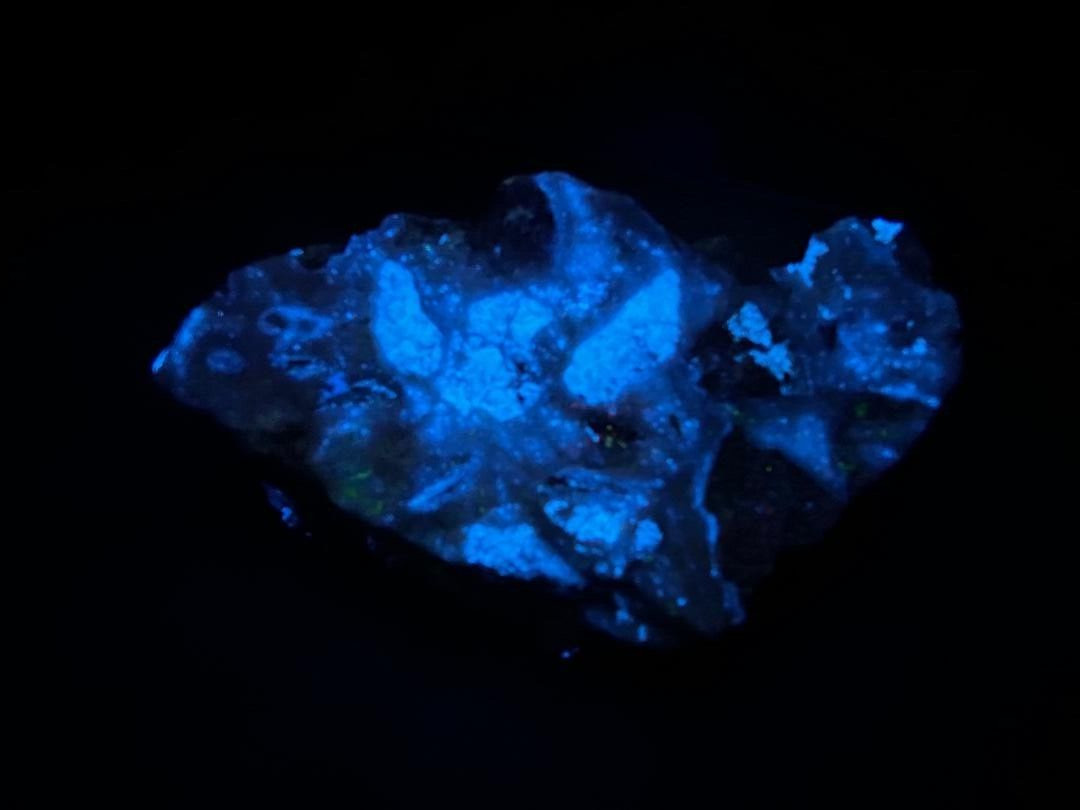 KB: RICH! SW FL BRIGHT BLUE/WHITE SCHEELITE WITH WOLFRAMITE FROM AUSTRALIA