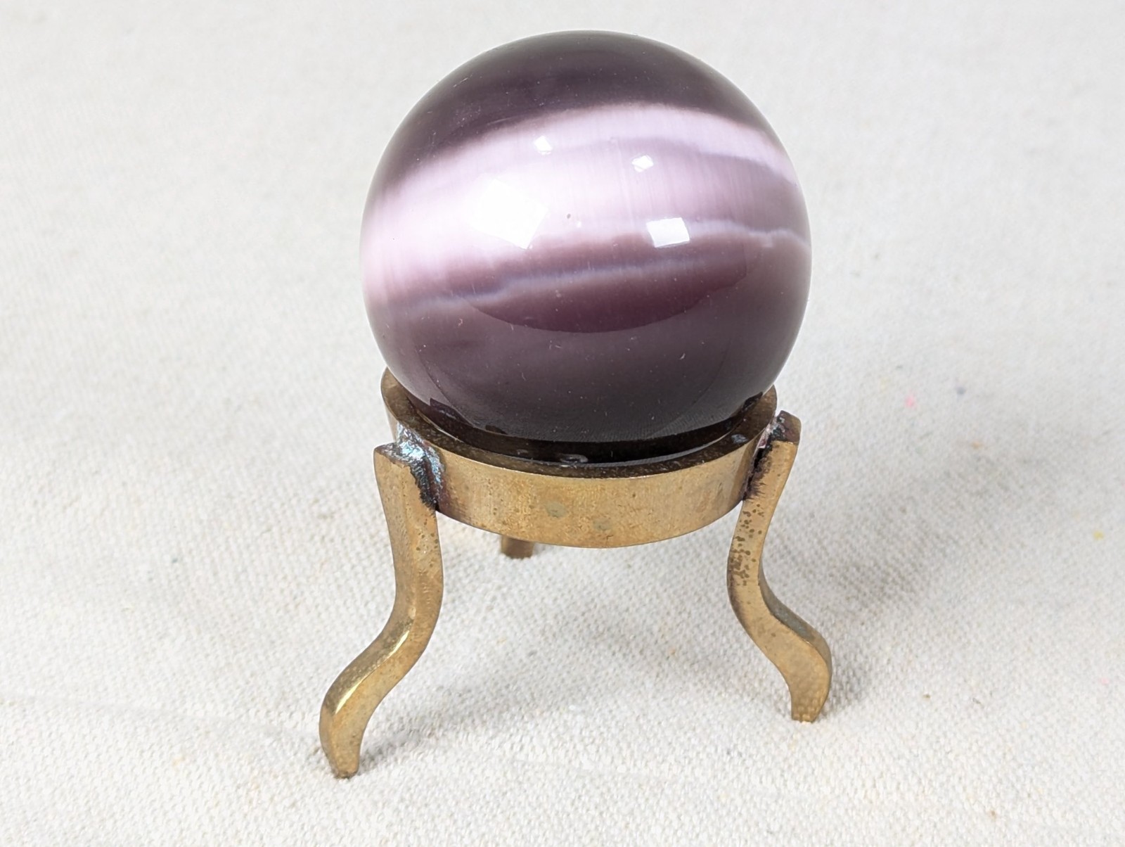 Vintage Purple Obsidian Glass Sphere on Three-Legged Brass Tripod Stand Decor