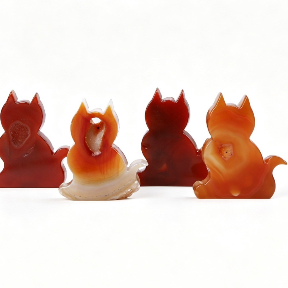Natural Red Agate Geode Lucky Cat Carving Crystal Stone Healing Desk Decor 2pcs