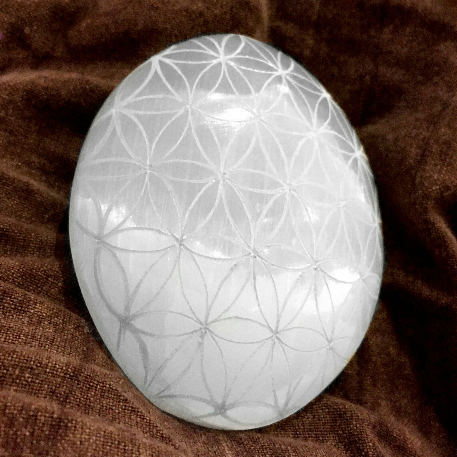 Selenite Palm Stone Etched Flower of Life Crystal Sacred Geometry Worry Stone He