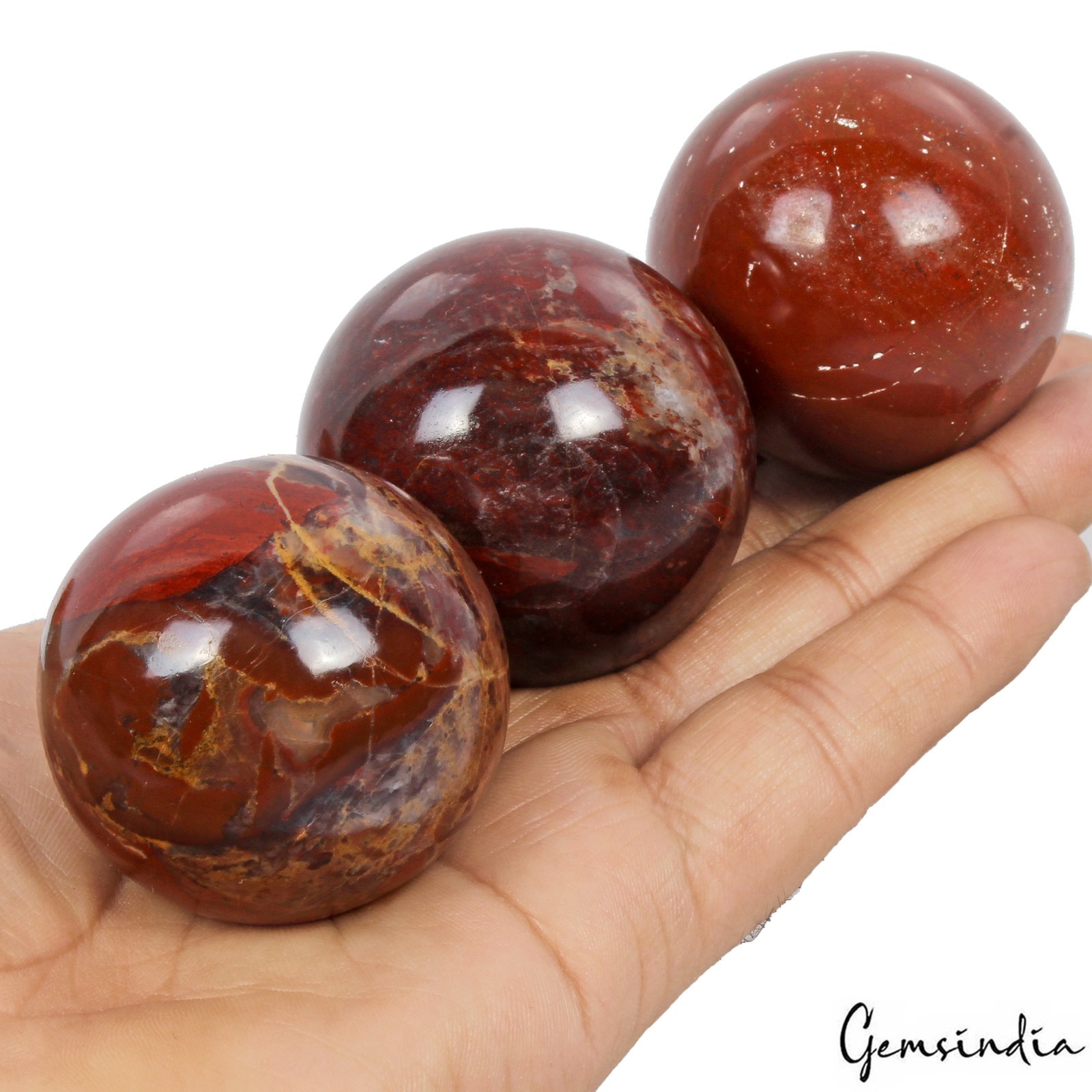 3 Pcs Natural Red Jasper Sphere Set+ Wooden Stands- Bulk Crystal Ball Collection