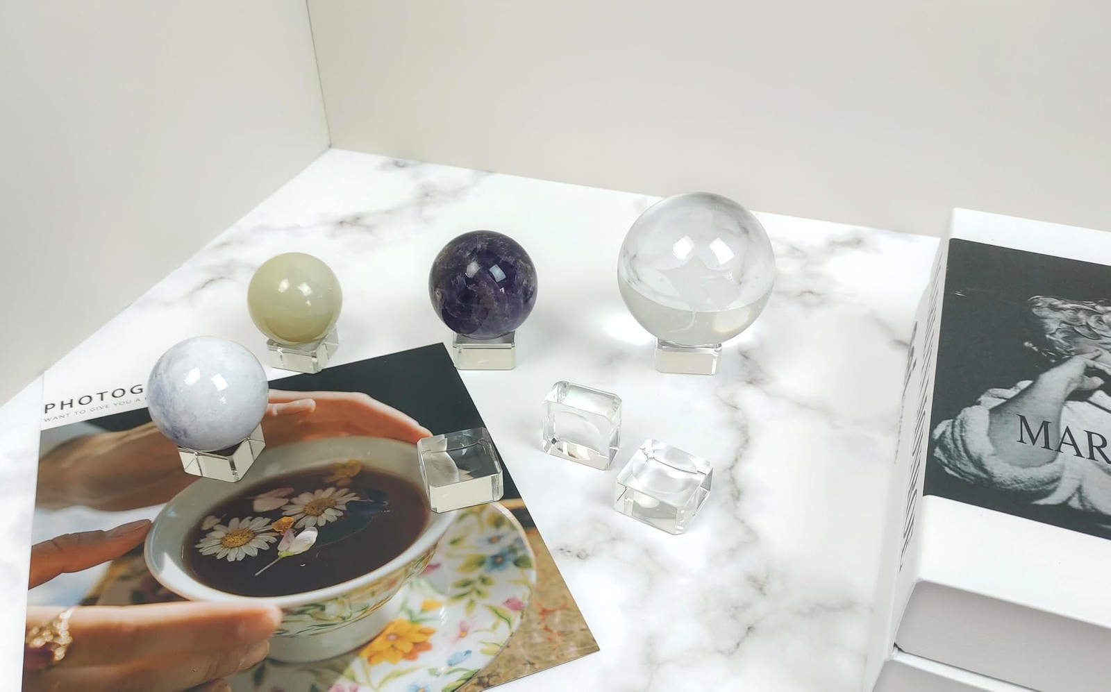 5Pcs 35mm Clear Crystal Ball Stand Sphere Stand Crystal Glass and Natural Roc…