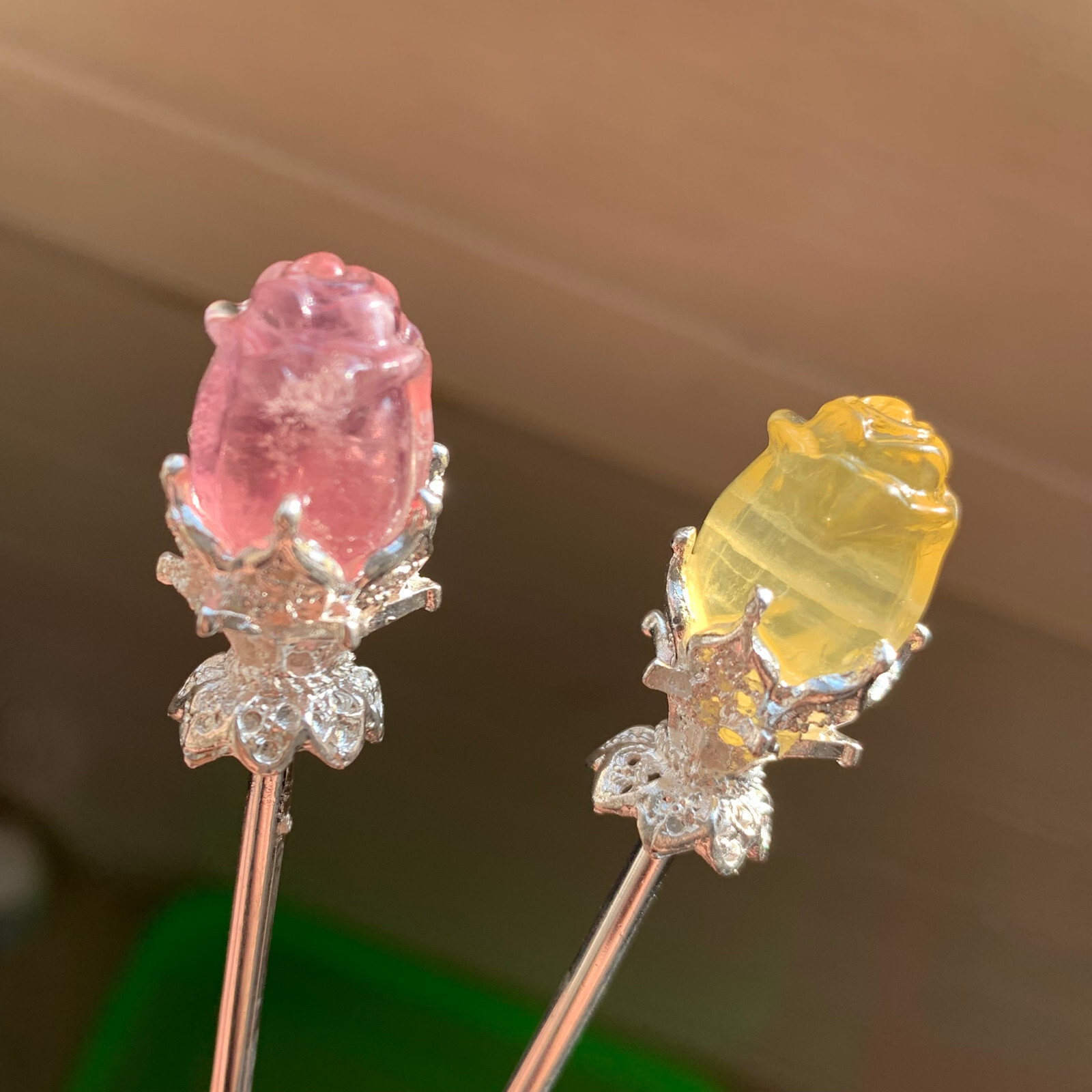 5pc Natural fluorite carved rose hairpin quartz crystal reiki healing random