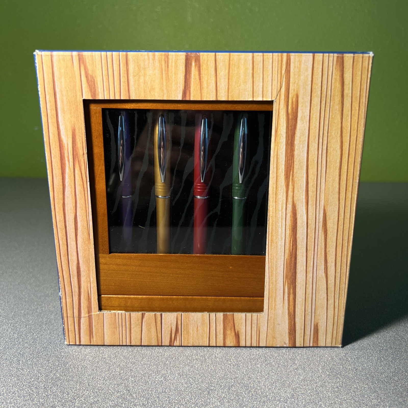 Vintage JCFTECH 5 Metallic Ball Point Pen In Solid Cherry Wood Easel Box