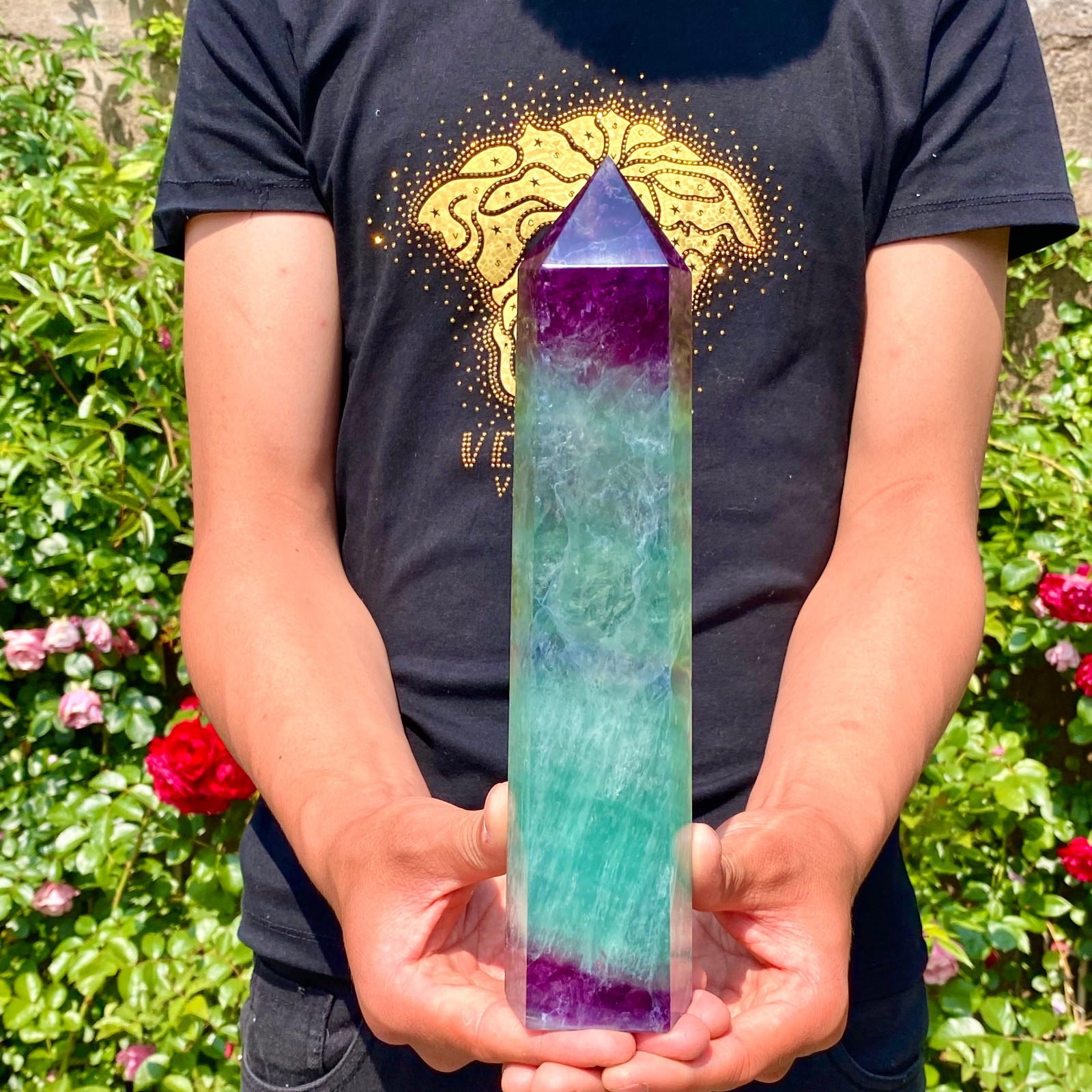 2.9LB Natural rainbow fluorite obelisk quartz crystal wand point Gem Healing