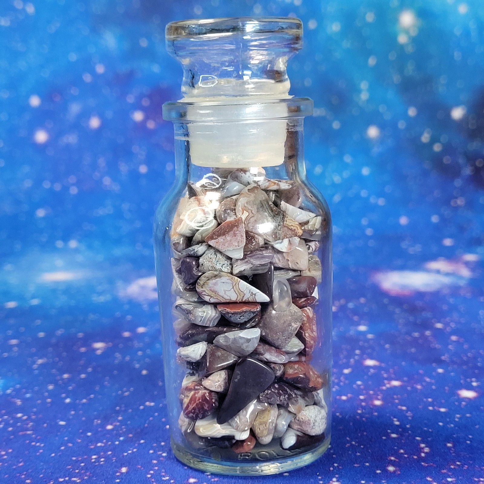 Mexican Crazy Lace Agate Stone Tumbles in Vintage 4 oz Apothecary Glass Jar