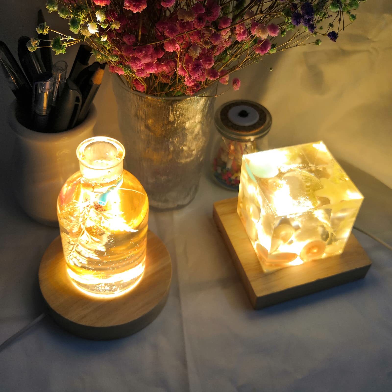 2 Pack LED Wooden Display Base Stand for Crystal Glass Art Resin Cylinder Lamp