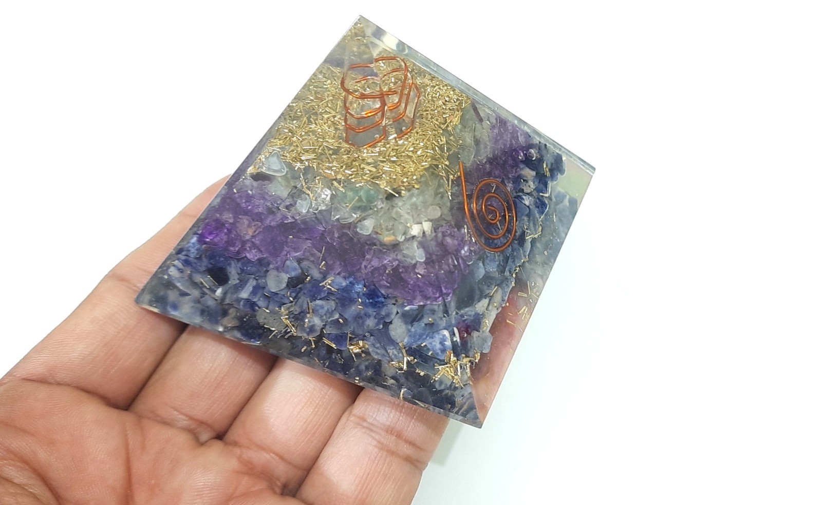 SODALITE AMETHYST FLOURITE AND CRYSTAL 75MM ORGONE PYRAMID FOR FOCUS AND STUDY