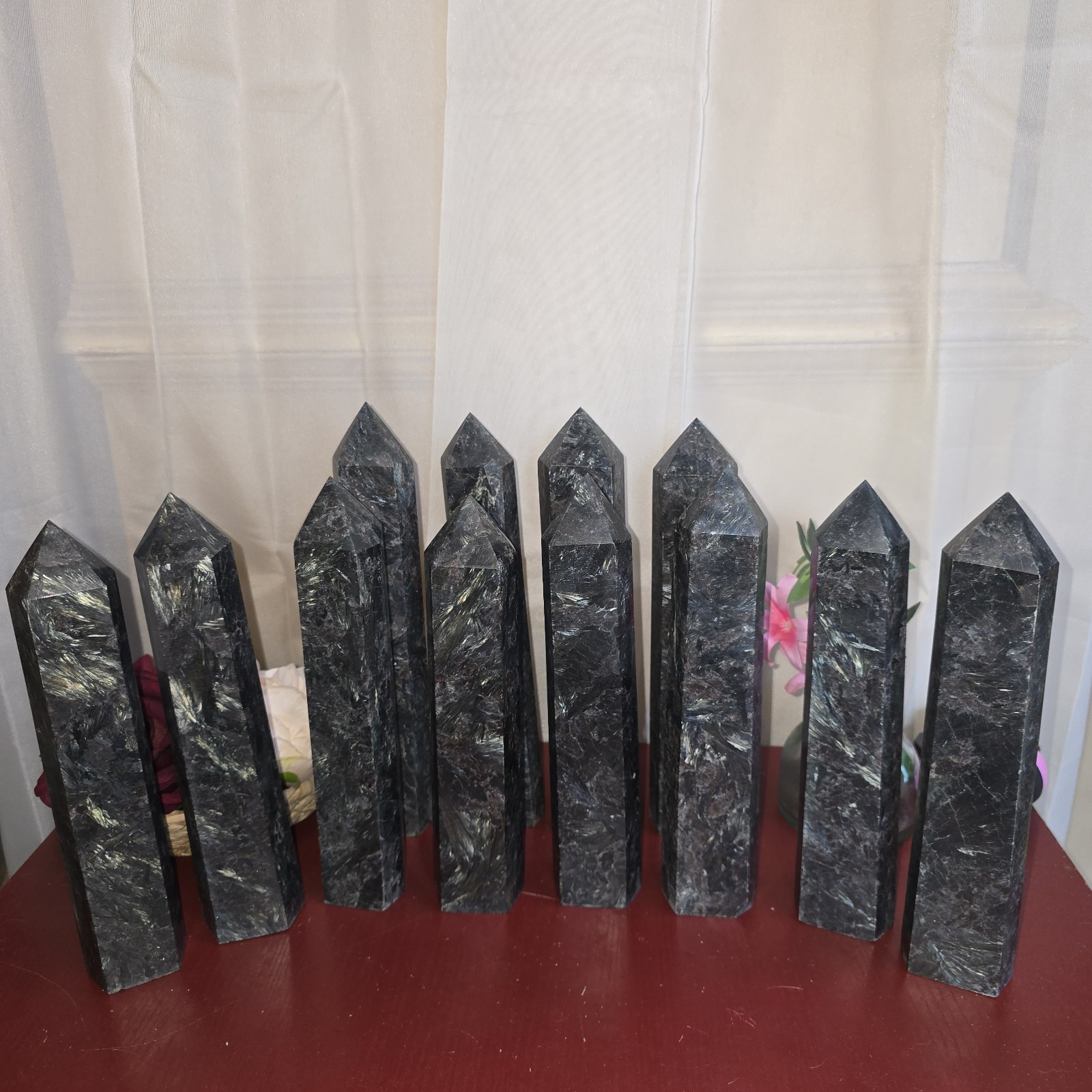 Xl Arfvedsonite And Garnet Crystal Tower Blue And Gold Flashes