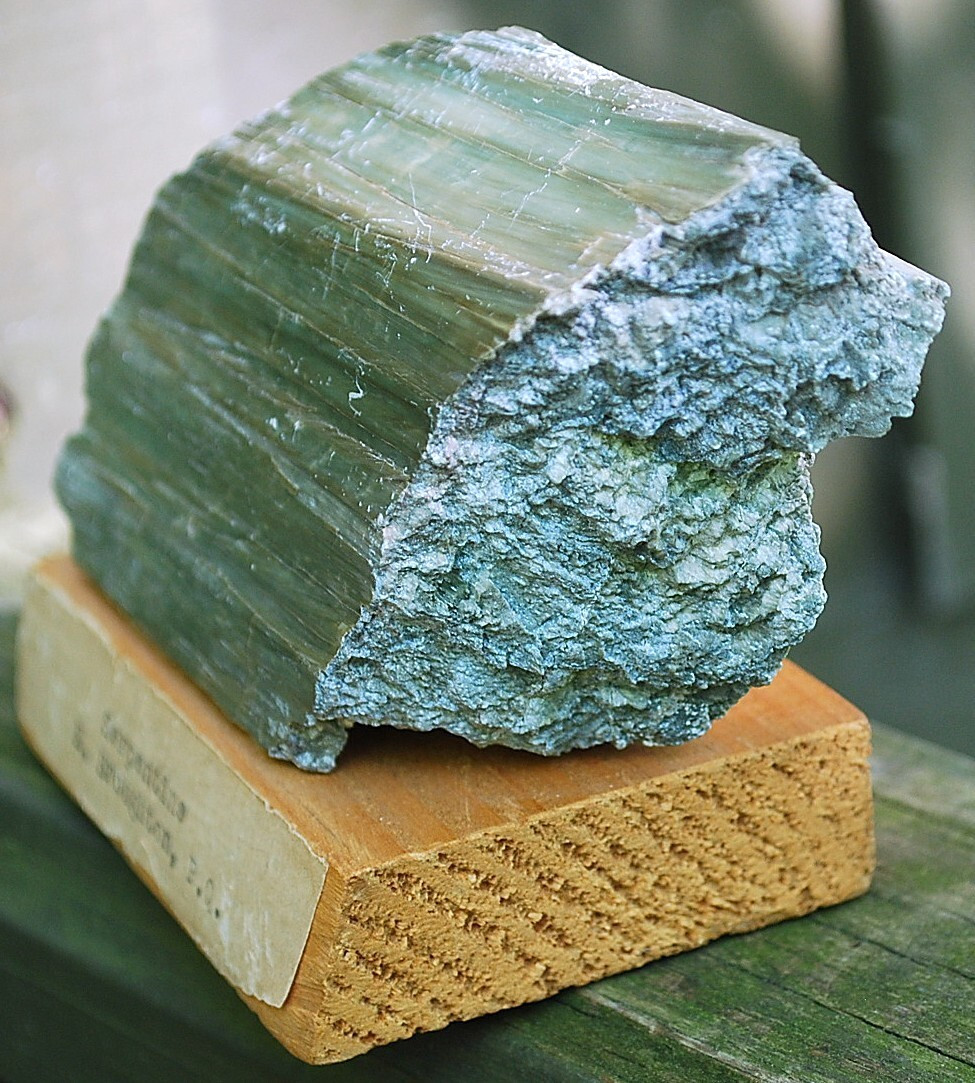 Natural GREEN SERPENTINE STONE Mineral MUSEUM NMBR SPECIMEN Quebec MOUNTED 4.25″