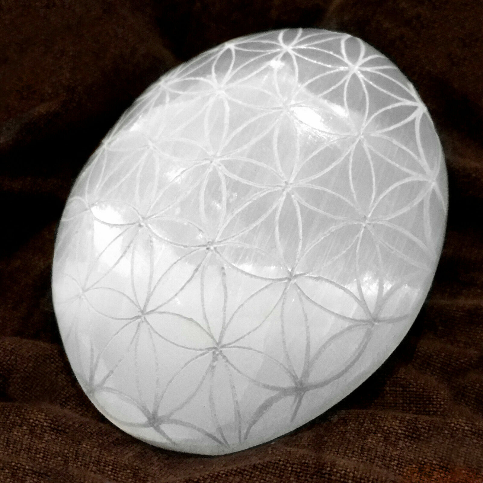 Selenite Palm Stone Etched Flower of Life Crystal Sacred Geometry Worry Stone He