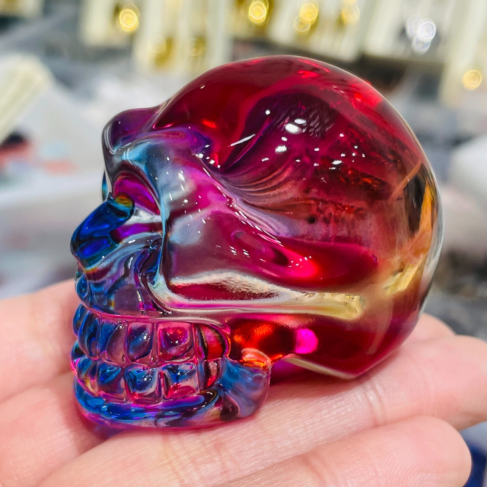2″ Rainbow Titanium melting Quartz Hand carved skull crystal reiki healing 1PC