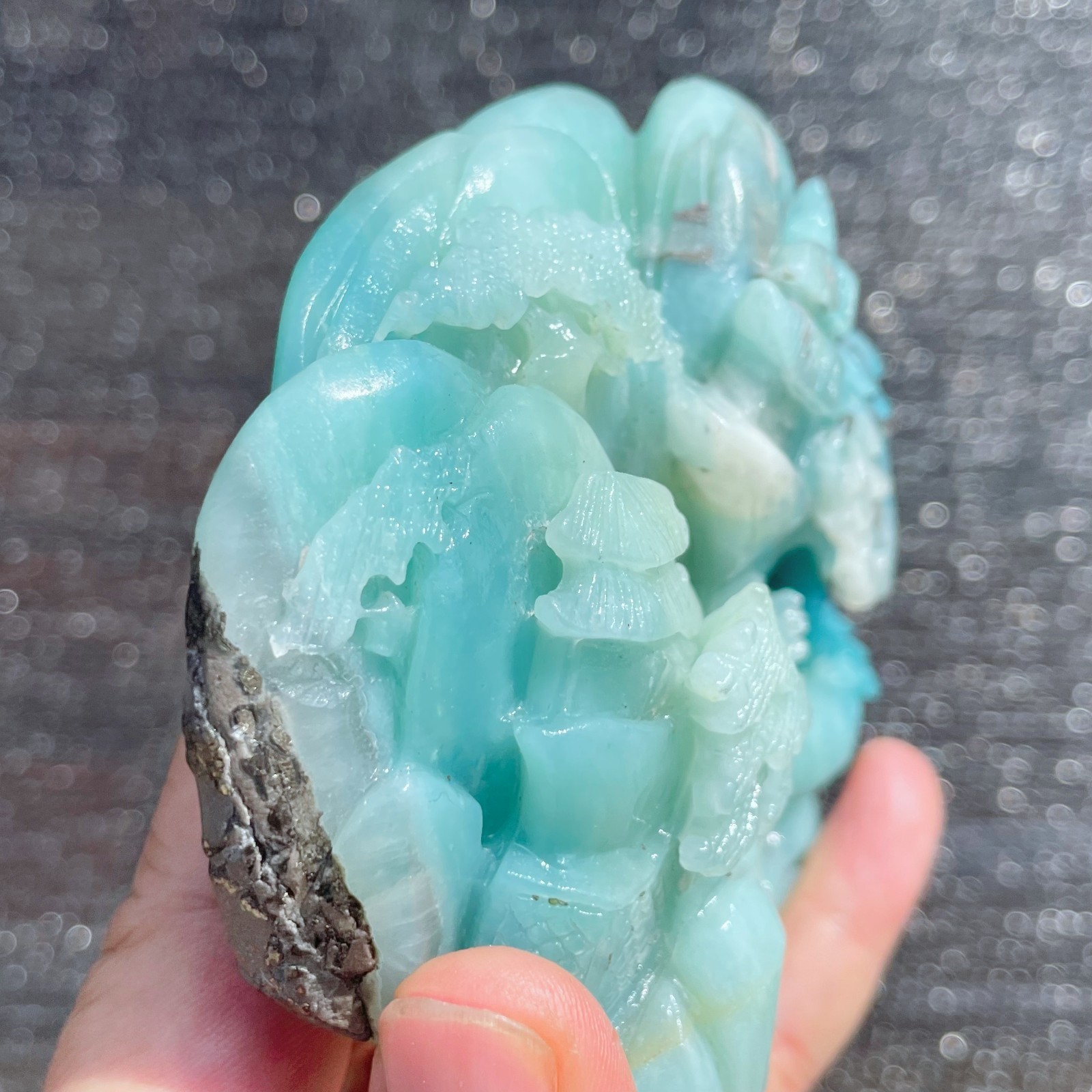 Natural Amazonite Quartz Crystal Hand-Carved Mountain Scenery Sculpture 1.6LB