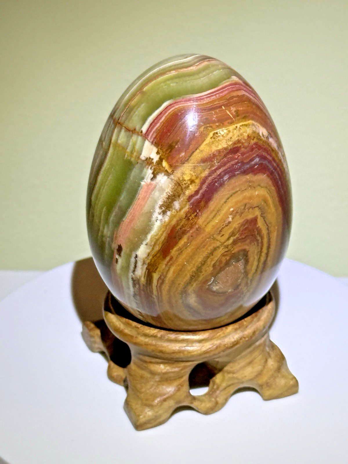 VIVID Multicolor Banded Onyx Egg with Wooden Stand