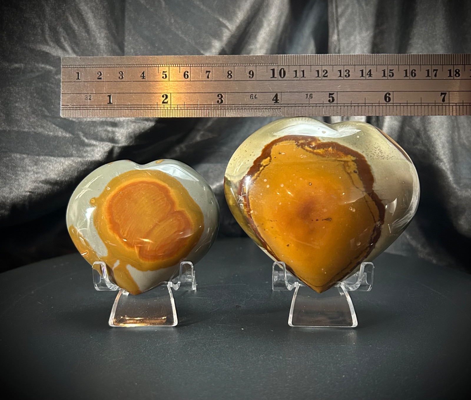 Chunky Polychrome (Desert) Jasper Heart Pair with Acrylic Stands 1lb 3.9oz total