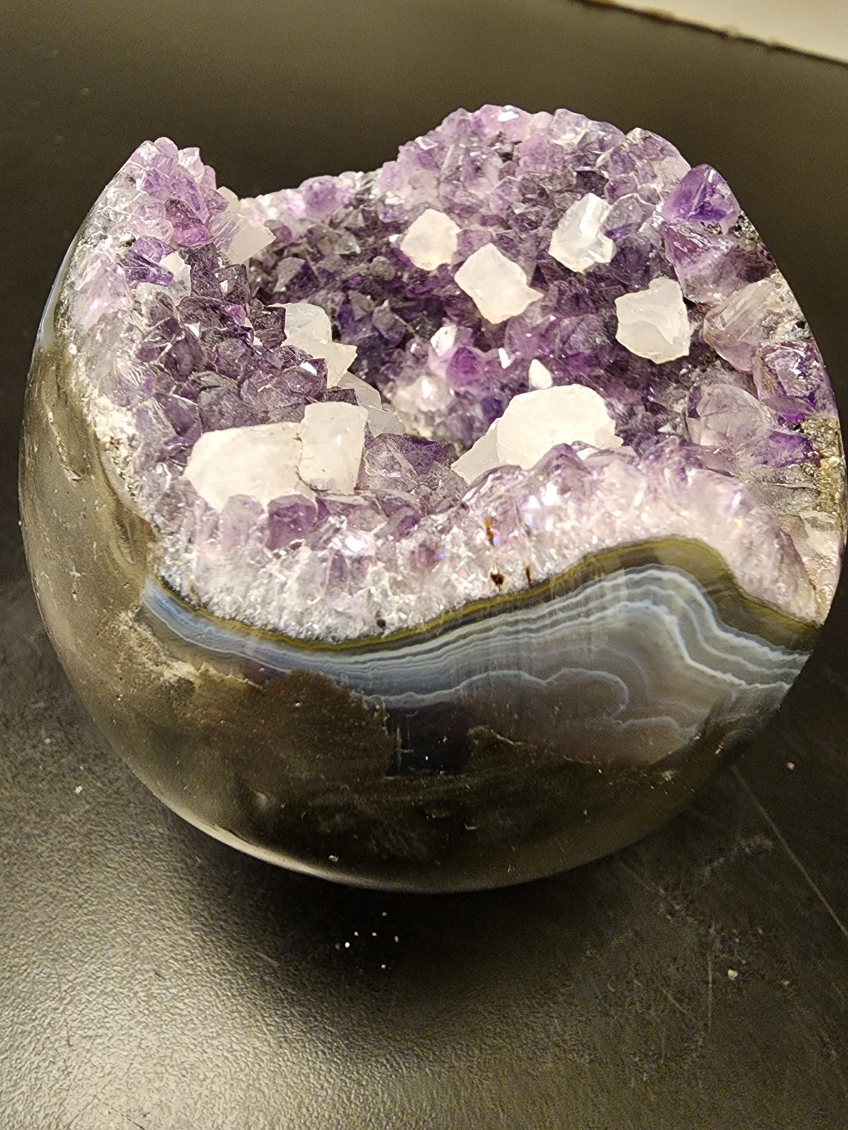 Lg 785g Amethyst Geode Sphere Natural Agate Band White Calcite Crystal Display