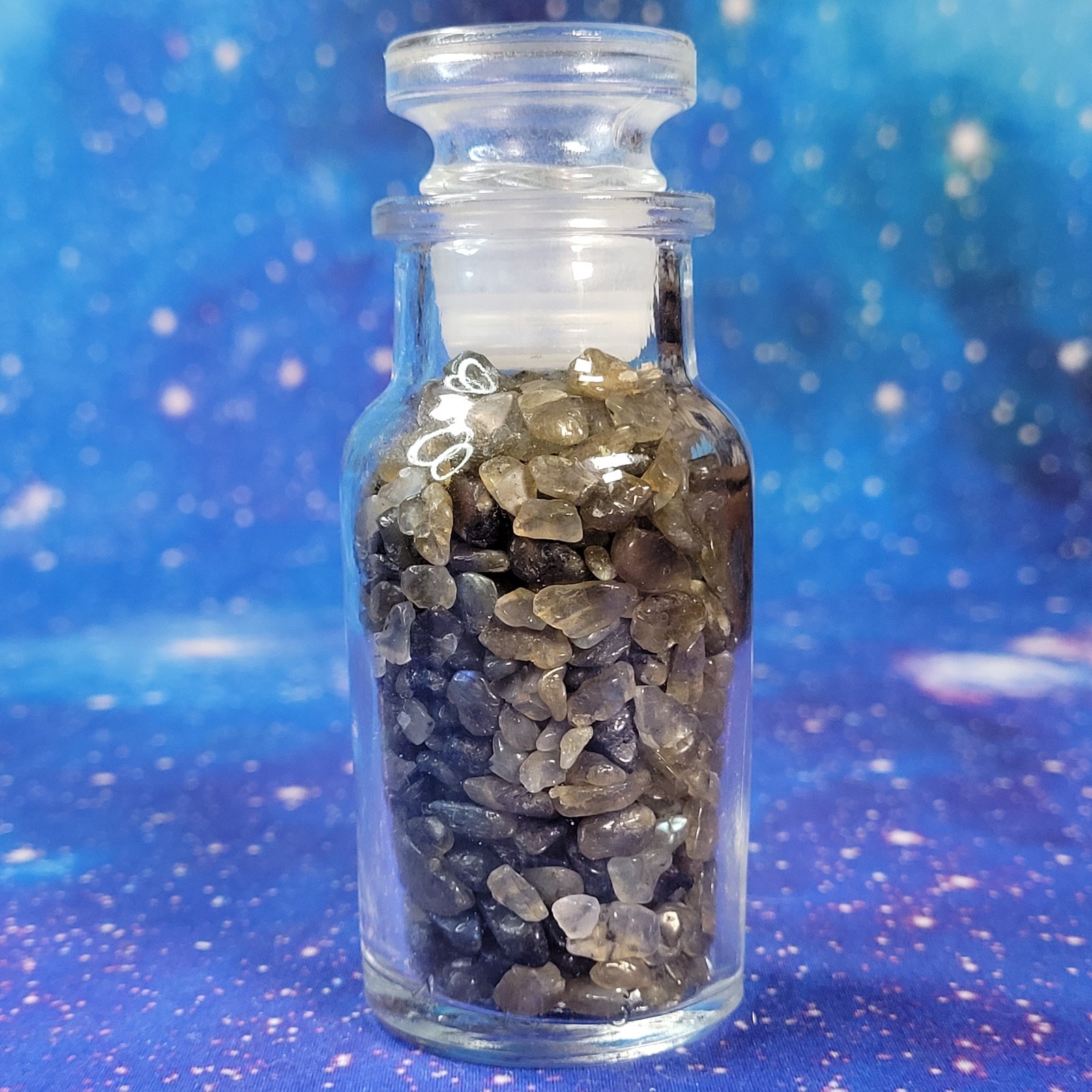 1/4 lb Labradorite Crystal Tumbled Chips in Apothecary Vintage Glass Jar Wagner
