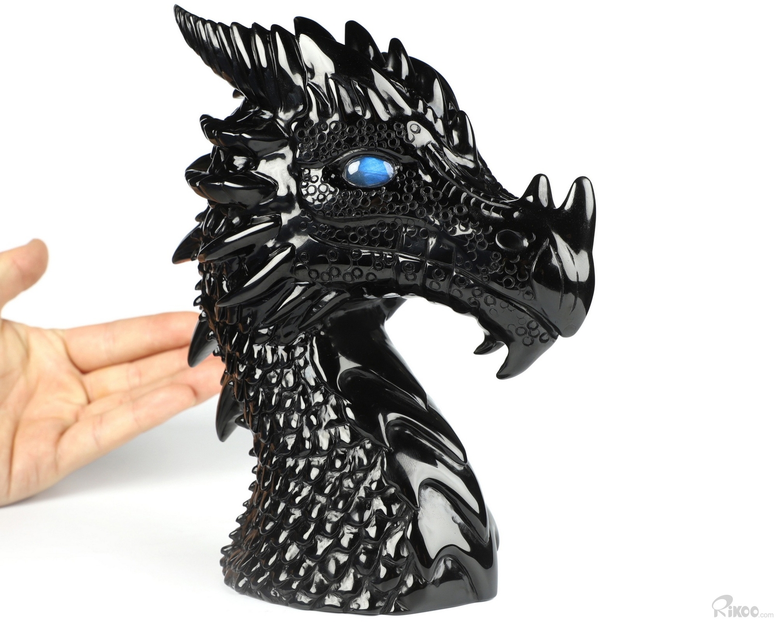 7.1″ Black Obsidian Carved Crystal Dragon & Labradorite Eyes Sculpture, Healing