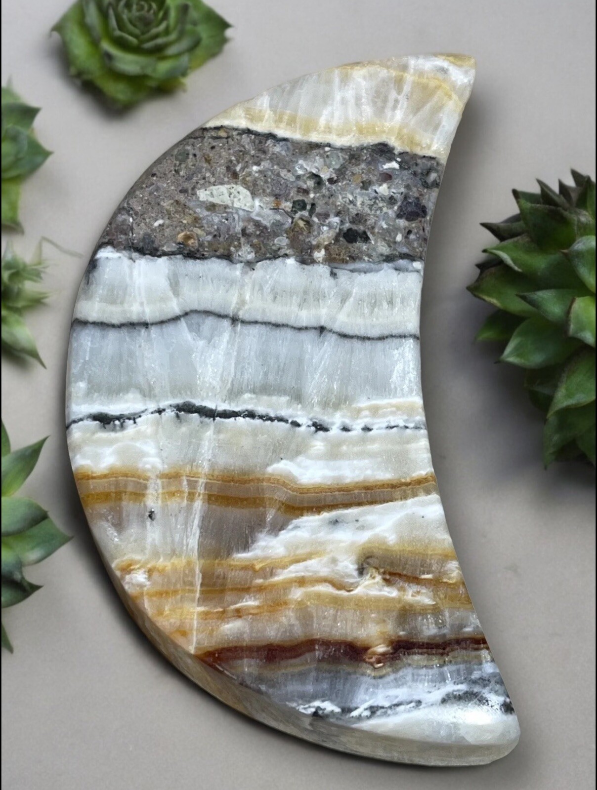 BANDED ONYX MOON – Mineral Calcite Carving Lunar Crystal Witch Stone Brown White