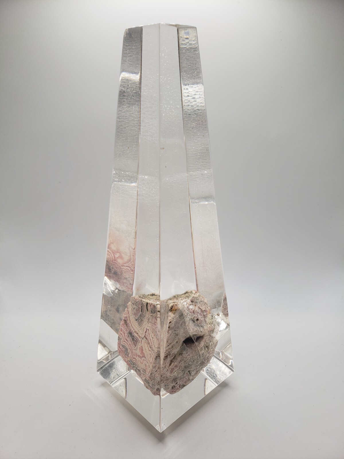 Rhodochrosite Stalactite Inca Rose Pink Mineral Specimen In a Lucite Sculpture