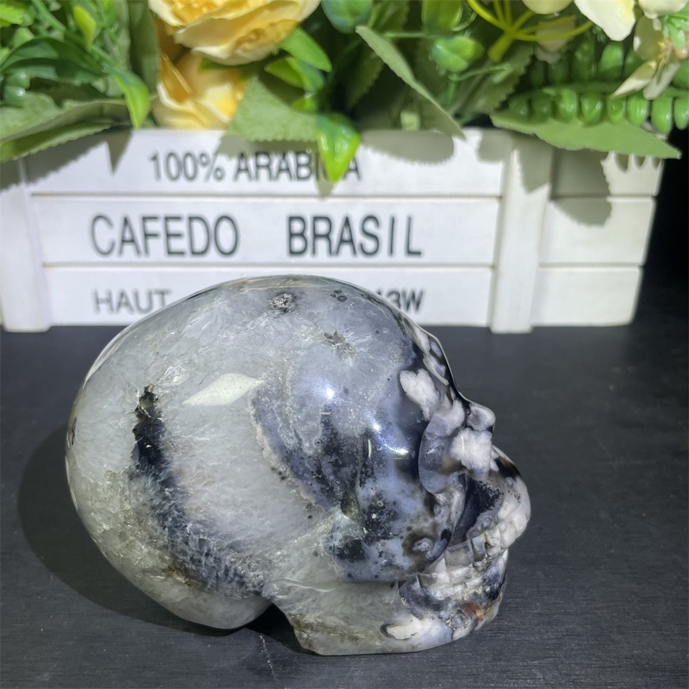 1.6LB 3.5″ Black Flower Agate Skull Carved Crystal Quartz Decor Reiki Gift