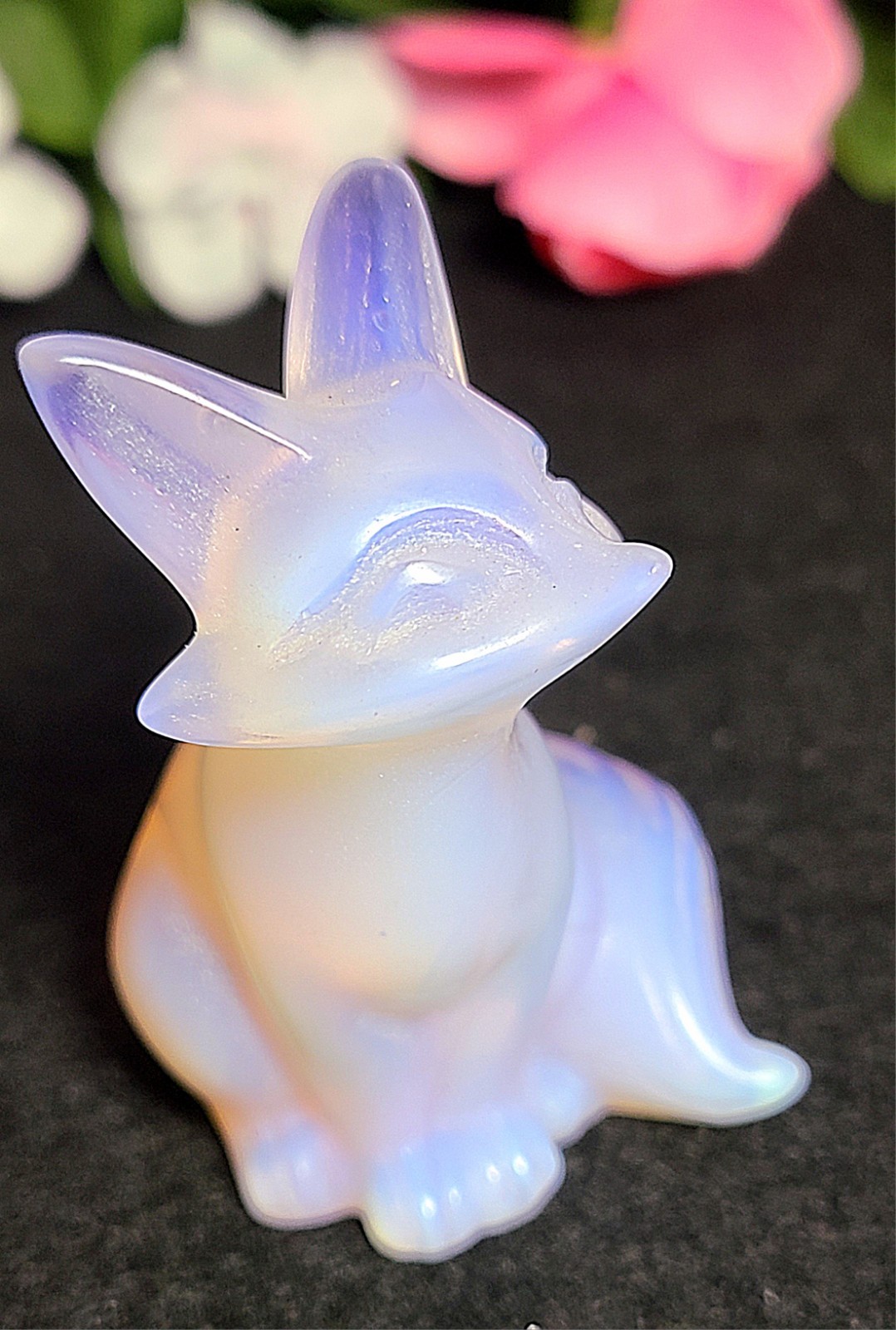 2.4″ 69g Elegant Pink Opalite Fox Kitsune Crystal Stone Carving Statue