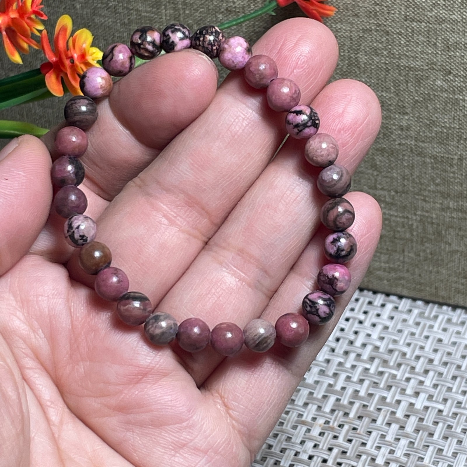 Wholesale 1Pcs 6mm Rhodonite jasper stone ball beads 6mm 7.5”crystal Stretch Bra