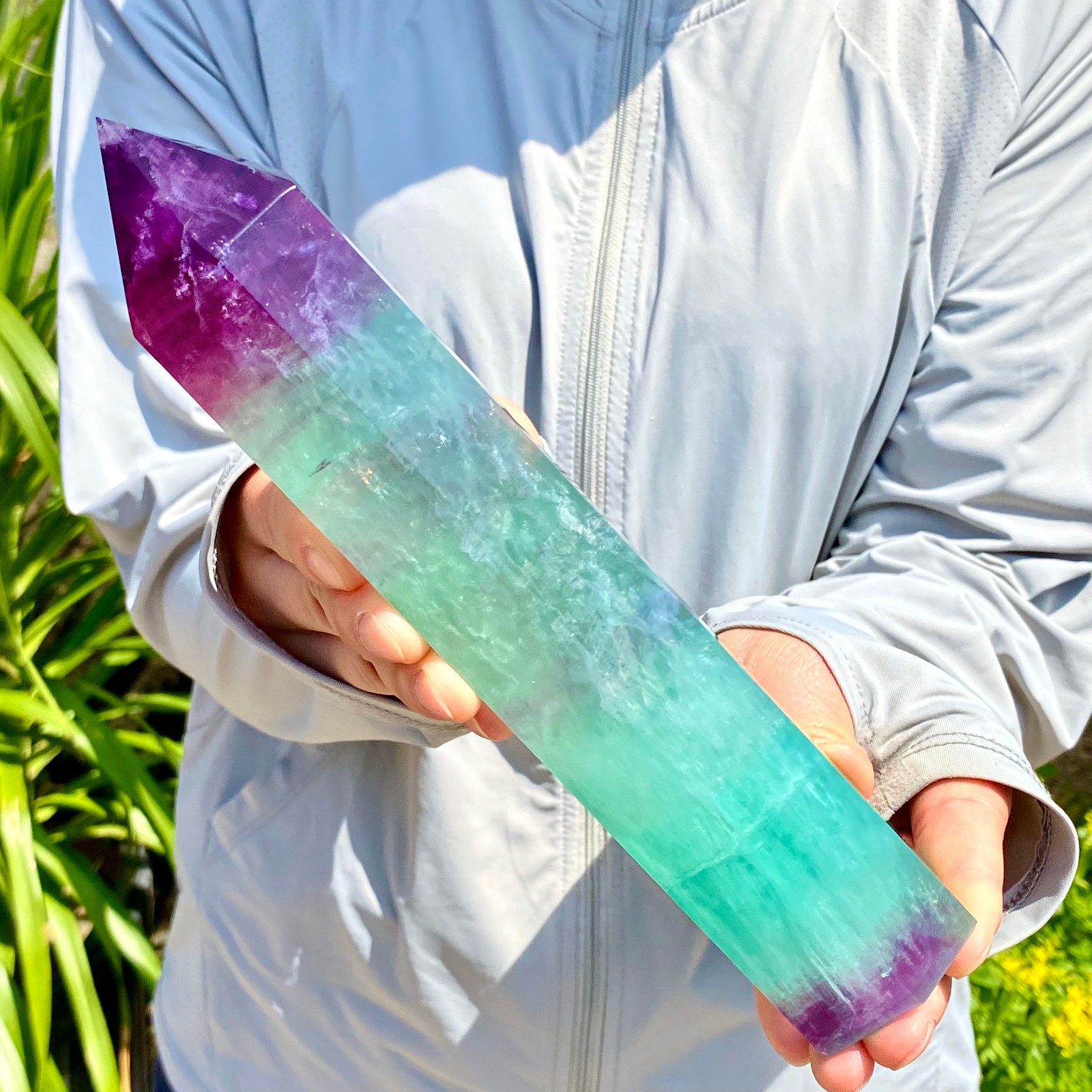 2.27LB Natural Rainbow Fluorite Obelisk Quartz Crystal Wand Tower Point Healing