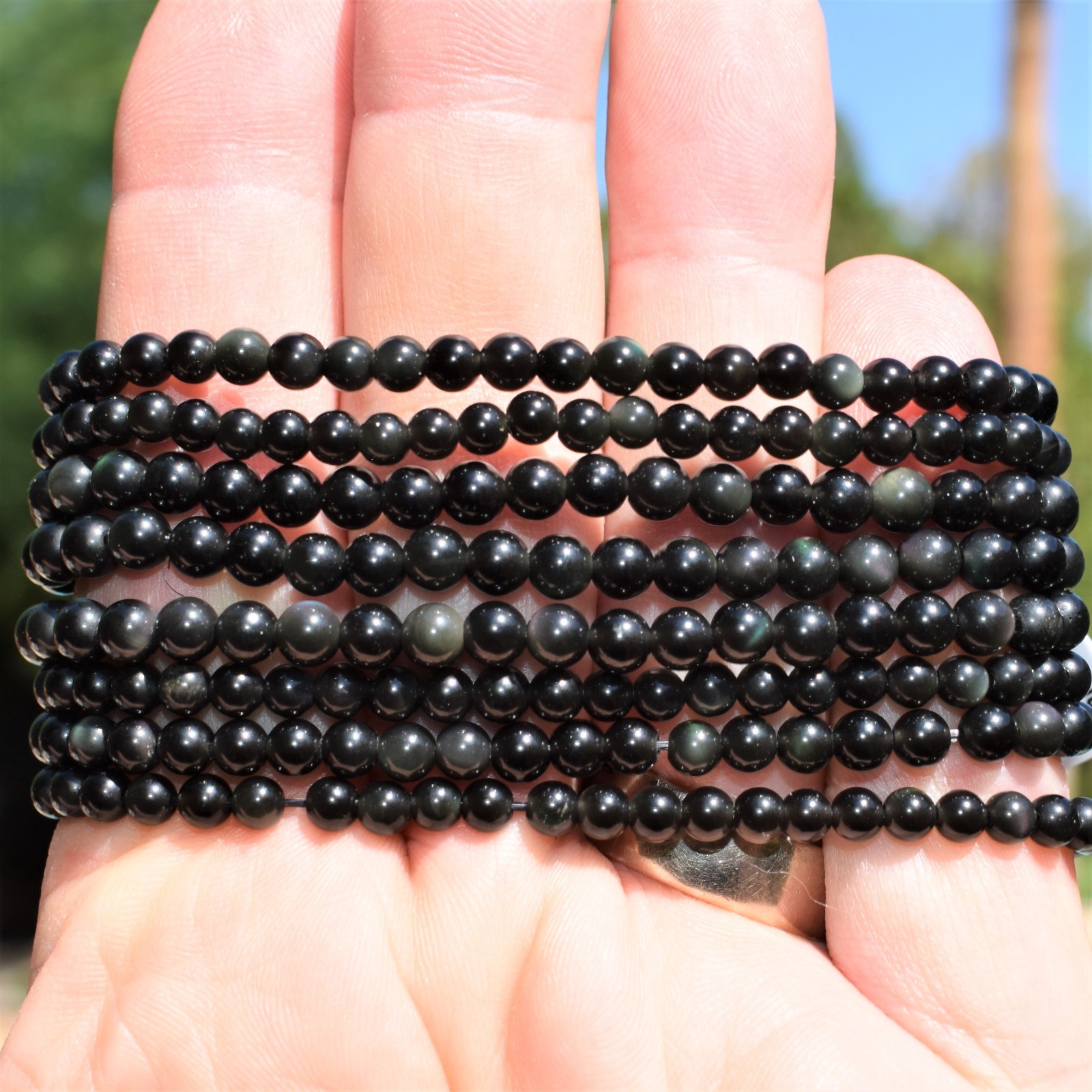 CHARGED Goldsheen Rainbow Obsidian Crystal 8mm Stretchy Bracelet +Selenite Heart