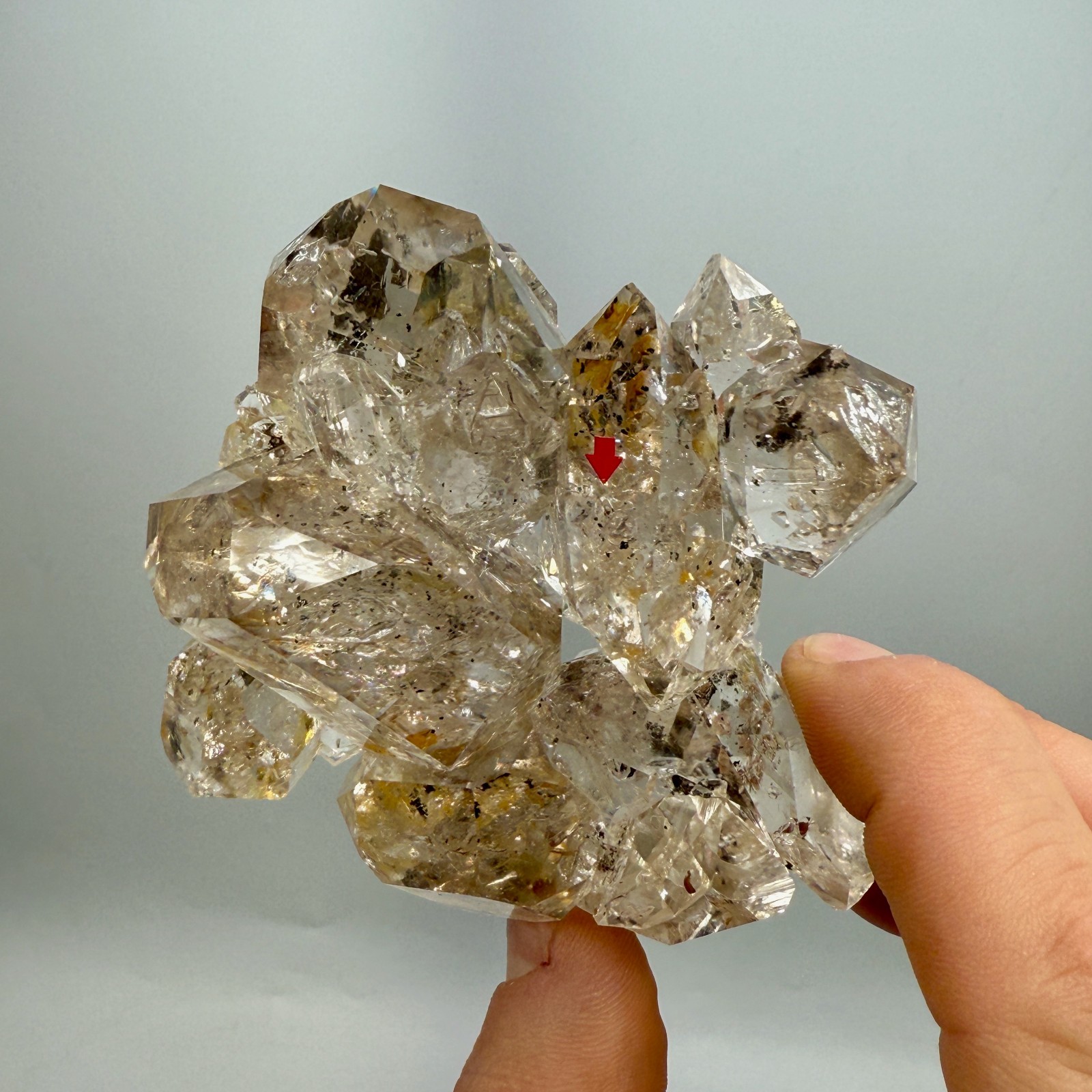 320 g Enhydro Herkimer Diamond Gem Cluster w/ Moving Bubble, Smoky Phantoms