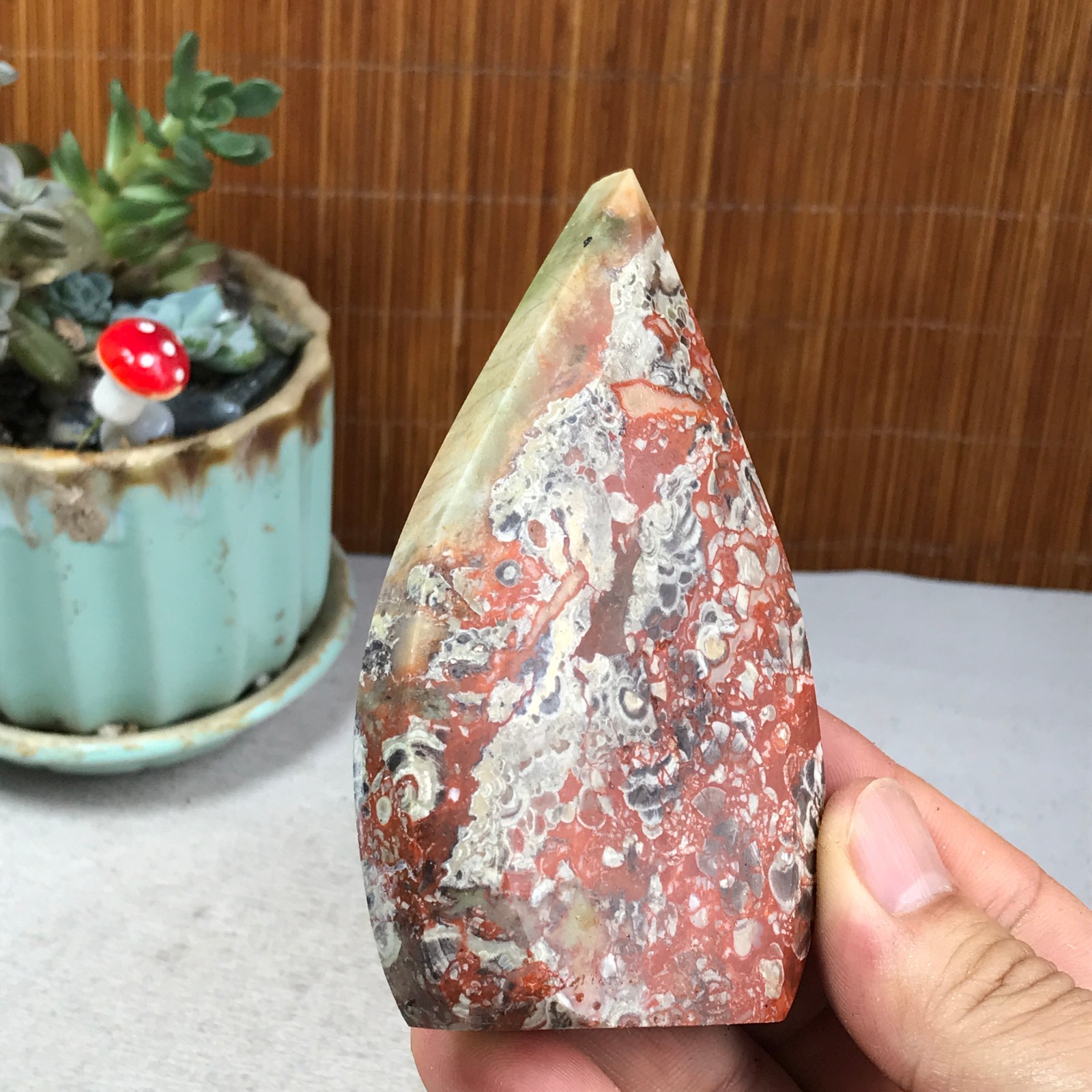 Natural money Mexico agate hand carve leaf Crystal Specimen free standing A6262