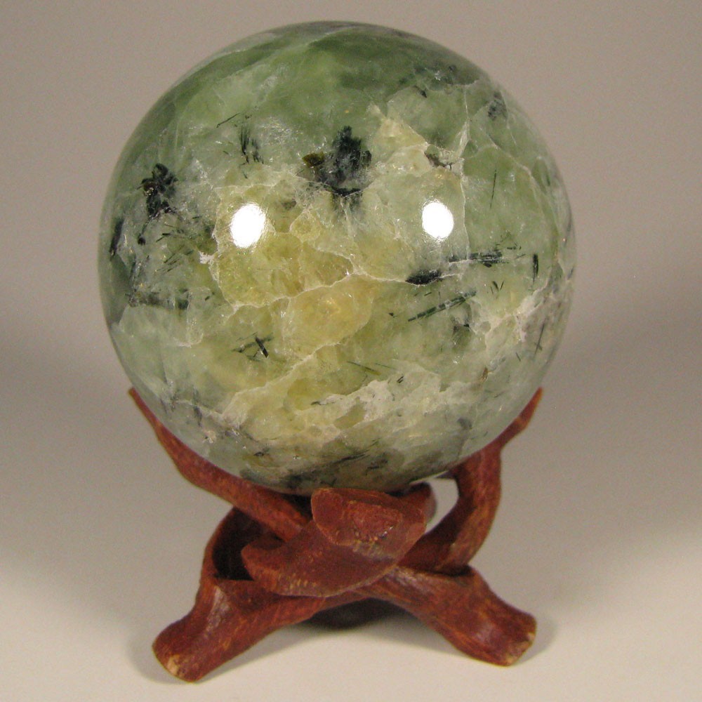 2.1″ Green PREHNITE w/ TOURMALINE, EPIDOTE Sphere w/ Stand – Australia – 53mm