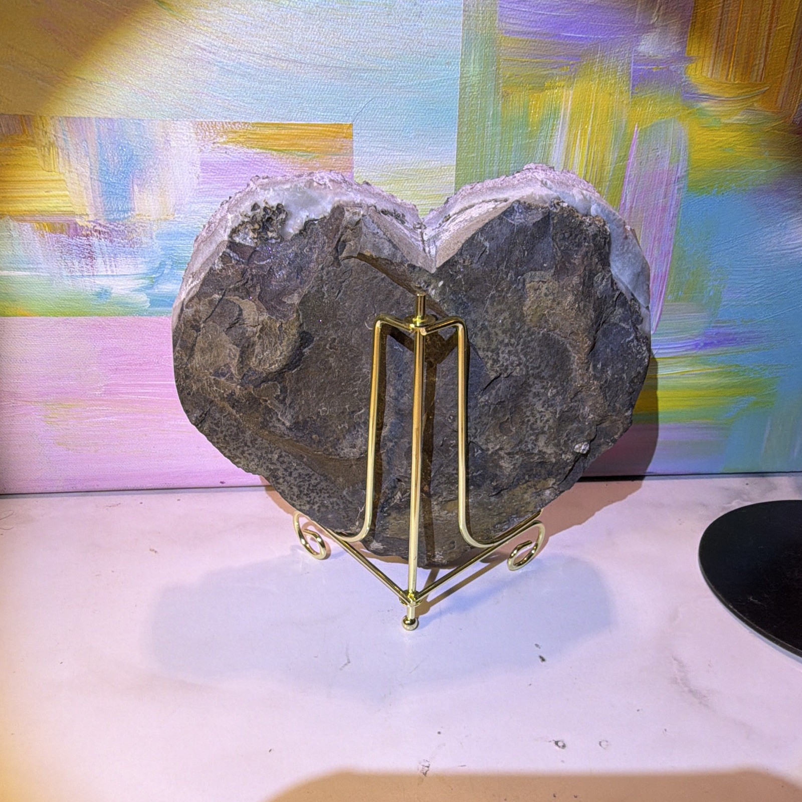 Heart-Shaped Purple Crystal Cluster Mineral Display Specimen on Metal Stand 8 in
