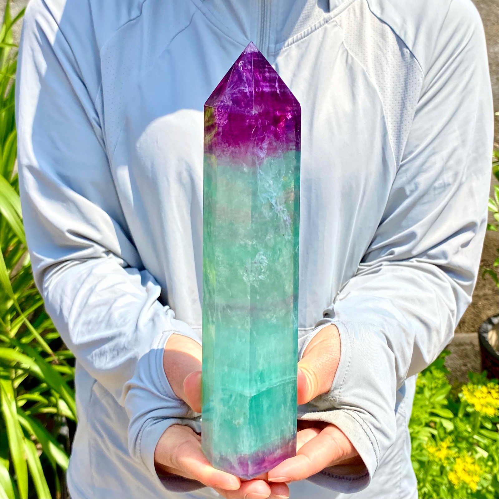 2.27LB Natural Rainbow Fluorite Obelisk Quartz Crystal Wand Tower Point Healing