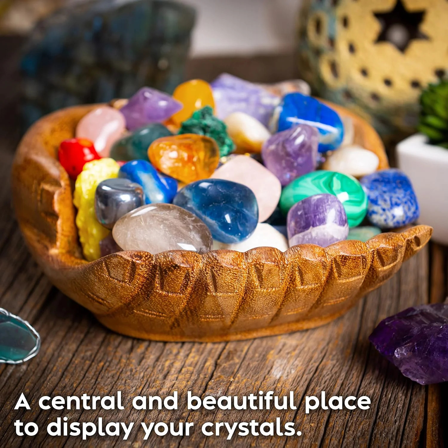 Wooden Hands Offering Bowl Crystal Holder Display Storage Tray Rock Display Case